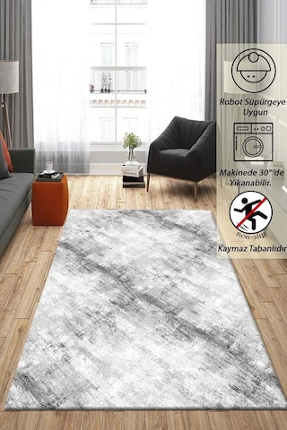 Raschel Carpet Çizgi Desenli Gri Kaymaz Taban Kalın Peluş Halı - Yolluk Yüksek Kalite Gri