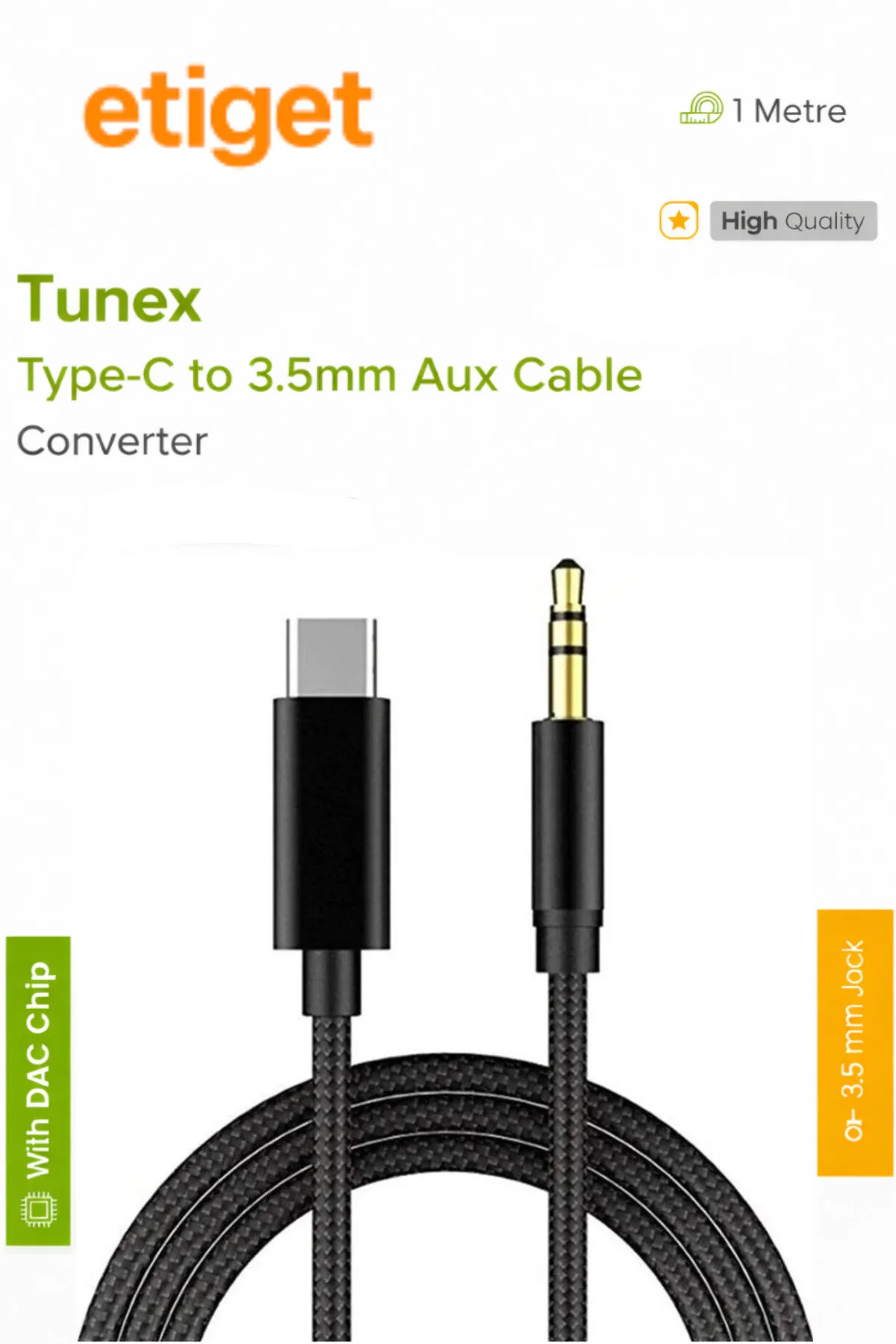 Aux Kablo Dönüştürücü Type-c To 3.5mm Aux Kablo 1 Metre Dac Chip Siyah