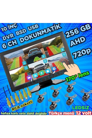 Ledsiz Kelebek Kamera 170'' Ahd 720p Rca 6 Kanallı 10 İnç Dokunmatik Usb Bsd Dvr Ekran 12 Volt