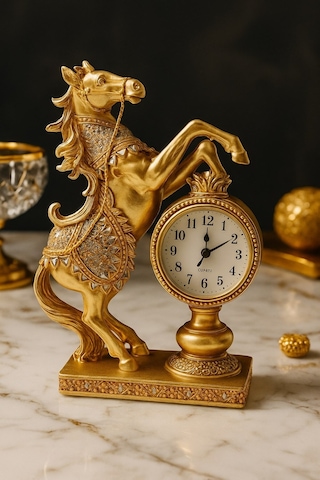 Dekoratif Sevgiliye Babaya Yöneticiye Özel Lüks Hediye At Heykeli Ev Ofis Masaüstü Saati 25x16 Cm Gold