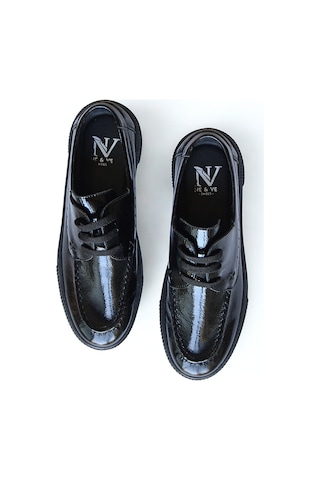 Ne&ve Shoes Siyah Kırışık Rugan Hakiki Deri Kadın Günlük Rahat Bağcıklı Ayakkabı