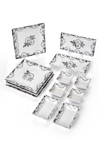 Piatti Naturali 12 Parça 4 Kişilik Black Rose Kahvaltı Takımı Handmade Sunum Set Siyah