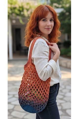 Artepieza Handmade Çok Renkli Yazlık Plaj Market Filesi-koton İp El Örgüsü File Pazar Plaj Çantası 55x30 Cm 2 Çok Renkli
