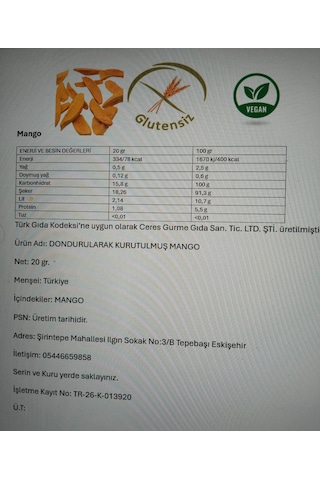Dondurularak Kurutulmuş Mango 20 G