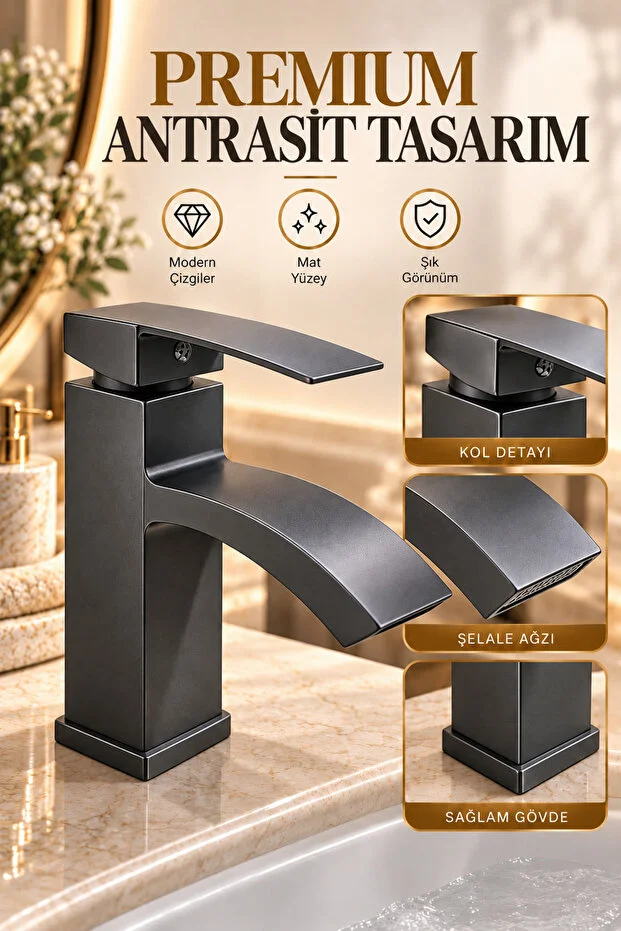 Lavabo Bataryası Şelale Akışlı Antrasit Banyo Lavabo Musluğu Modern Armatür