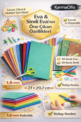 Premium A4 Eva El İşi Seti 10 Renk Eva + 10 Renk Simli Eva