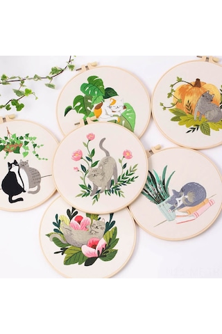 Mufunye Dıy Kedi Desenli İpek İşleme Seti - 30x30cm Kumaş, 20x20cm Taha, Tüm Malzemeler Dahil - Başlangıçcı Dost Ev Dekoru El Sanəti Paketi