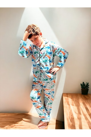 Lolliboomkids Yeni Sezon Erkek Çocuk Düğmeli Gömlek Yaka Pijama Takımı Shark / Deniz Canlıları Desenli Mavi
