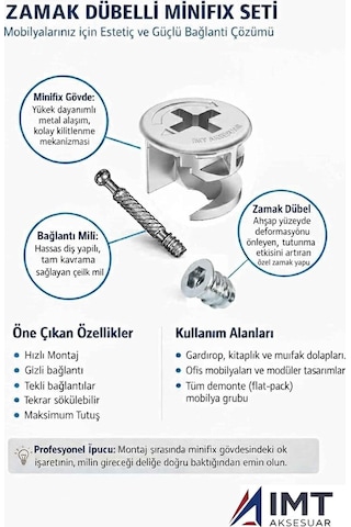 Tr İmt Aksesuar Zamak Metal Dübelli Minifix Gövde Mil Ve Dübel Seti - Mobilya Ve Dolap Bağlantı Elemanı 30 Takı Diğer