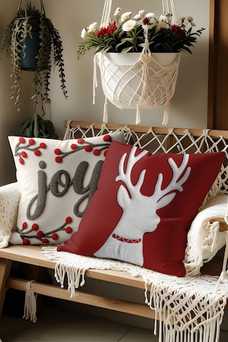 2 Li Yılbaşı Desenli, Çift Taraflı Baskı, Kırlent Kılıfı Seti Kırmızı - Beyaz