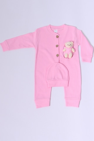 Hçm Bebek Tulum Şapka Hediyeli Düğmeli Ayıcık Detaylı C32 Pembe
