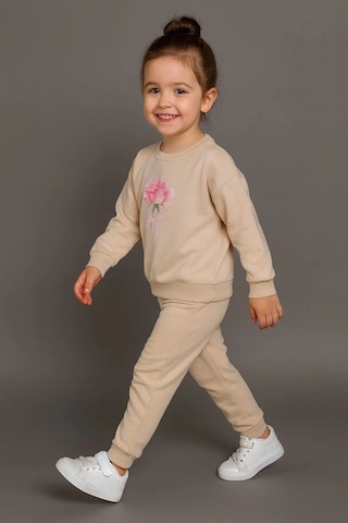 Kız Çocuk %100 Pamuk Gül Baskılı Eşofman Takımı Bej