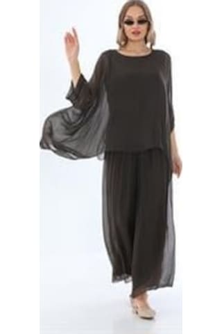 İtalyan Yarasa Kol İpek Bluz-8869 Kahverengi