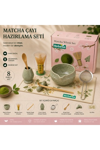 Herbarius 8 Parça Çiçek Desenli Benekli Adaçayı Yeşili Renk Matcha Çayı Hazırlama Seti - Geleneksel Japon Matcha Seti