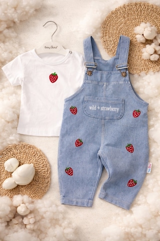 Aslin Store Çilek İşlemeli Cep Detaylı Kısa Kollu Kız Bebek Salopetli 2 Li Takım Beyaz Beyaz
