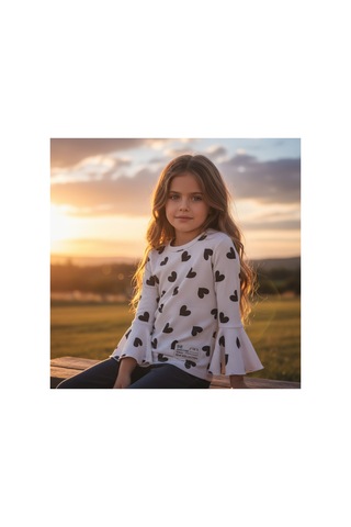 Fesshera Kids Kız Çocuk Sweatshirt Uzun Kollu Fitilli Kalp Desenli İspanyol Kol Kesimli Pamuklu Kışlık Sweatshirt Bej