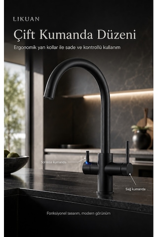 3 Yollu Mutfak Bataryası Sıcak Soğuk Ve Filtreli Su Bir Arada Led Göstergeli Tri-flow Kuğu Boynu Musluk Nkdp3212cp Siyah