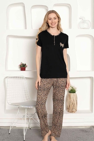 Monox Kadın Leopar Baskı Kısa Kol Uzun Alt Pijama Takımı Siyah