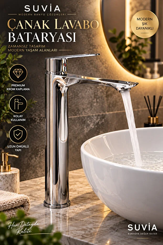 Lavabo Bataryası Yüksek Gövde Krom Çanak Lavabo Musluğu Sıcak Soğuk Su Bataryası