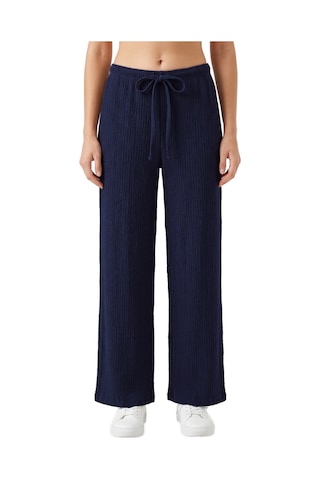 Cottonill Premium - Tide Collection Lacivert Bağcıklı Bürümcük Dokulu Bol Paça Kadın Pantolon