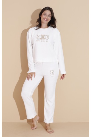 Mr 9010 Havlu Kumaş Ayıcık Nakışlı Kışlık Kadın Eşofman Pijama Takımı Beyaz