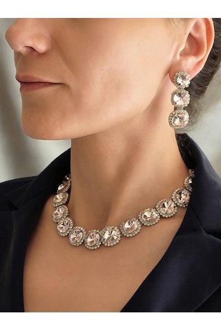 Riviere Kristal Taşlı Çiçek Model Pembe Renkli Kolye Küpe Set