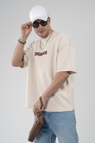 King-Brich Oversize Kalıp Kingbrich Baskılı Tişört Bej
