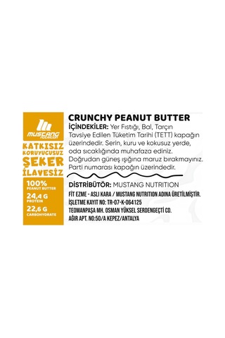 Mustang Nutrition Ballı Tarçınlı Crunchy Fıstık Ezmesi 350 Gr 24,40 Gr Protein + 40 Gr Fıstık Ezmesi Hediyeli