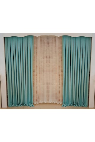 Açık Turkuaz Renk Fon Kadife Perde Çift Kanat 1/3 Sık Pileli Dikim V-21 Açık Turkuaz