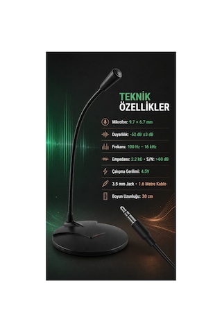 Gürültü Azaltıcı Siyah Masaüstü Bilgisayar Mikrofonu 3.5 Mm Jack Esnek Boyunlu Oyun Toplantı Çoklu Kullanım