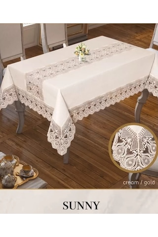 Storeşahin 160x260 Cm Sunny Krem-gold Parlak Keten Masa Örtüsü Yemek Masası Dekoru Shn0720 Krem - Gold
