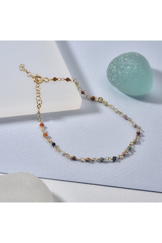 14 Ayar Altın Kaplama Çok Renkli Doğal Taşlı El Yapımı Gümüş Bileklik - Cbs00131 Altın