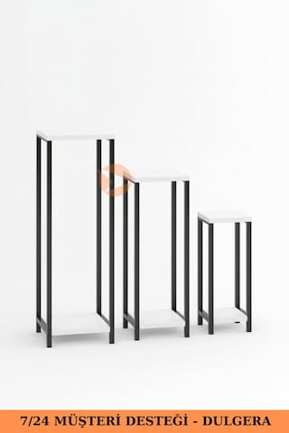 Flora Dekoratif 3'lü Metal Çiçeklik Saksı Standı & Yan Sehpa Seti - Modern Bahçe Balkon Çiçek Rafı