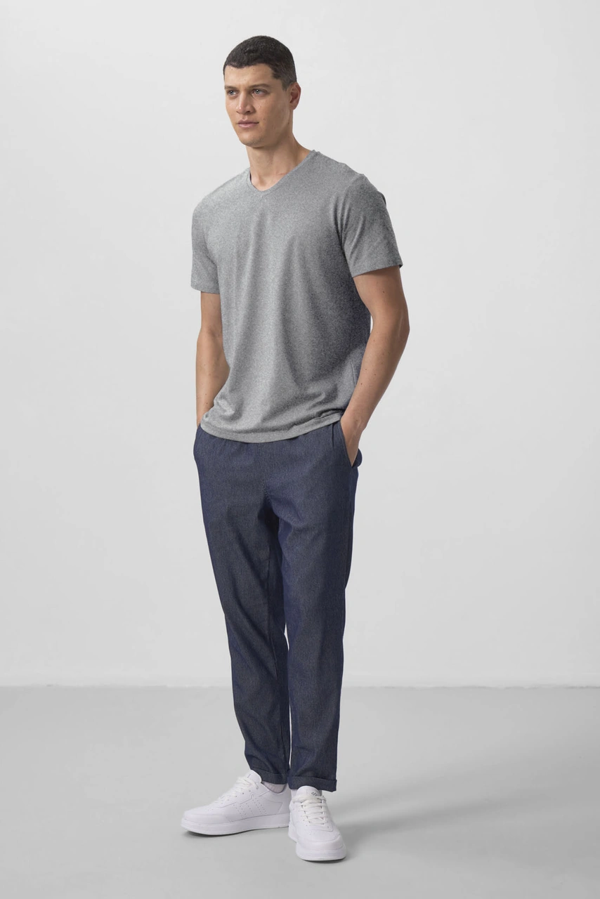 Gri Melanj Basic Kısa Kol Standart Kalıp V Yaka Erkek T-shirt - 87912 Gri Melanj