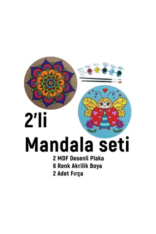 2'li Mandala Boyama Seti- Aile Etkinliği-2 Ham Mdf Plaka, 6 Renk