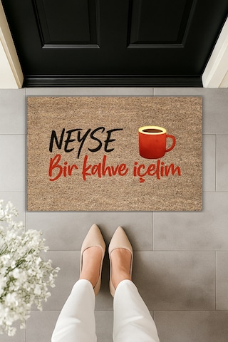 Rugmood Modern Dijital Baskı - Neyse Bir Kahve İçelim - Kapı Önü Paspası Kahverengi