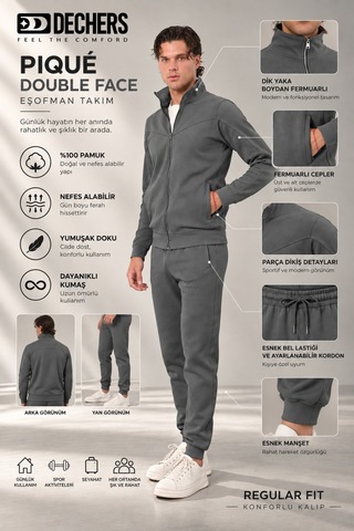 Dechers Erkek Antrasit Dik Yaka Fermuarlı Piqué Double Face Kumaş Regular Fit Eşofman Takım - E226