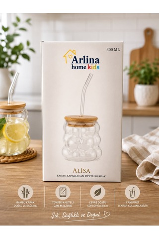300 Ml Üzüm Model Bambu Kapaklı Cam Pipetli Bardak Şeffaf