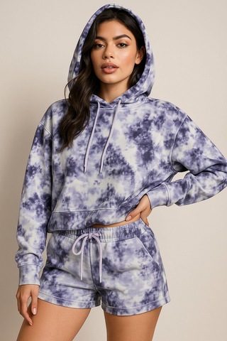 Rich Kadın Lila Kapüşonlu Sweatshirt-şortlu Alt Üst Takım Oversize Batik Desen İkili Takım Çok Renkli