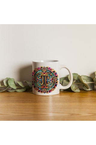 I Harfi Boho Bardak, Renkli Özel Tasarım Hediyelik Harfli Kupa, 330ml Porselen Beyaz