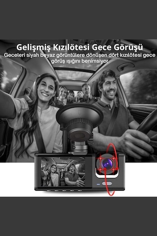 Buğz Siyah 1080p Araç İçi 3 Kameralı Lcd Ekranlı Gece Görüşlü , G-sensör , Geri Görüş Kamera