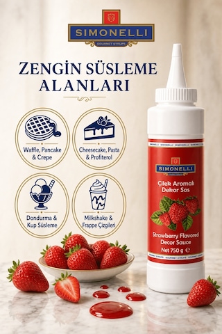 Simonelli Çilek Aromalı Kahve ve Tatlı Dekor Sosu Sıkılabilir Şişe 750 G
