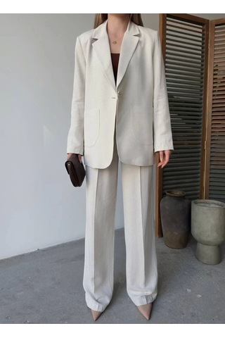 Keten Ceket Pantolon İlik Düğmeli Uzun Kollu Yırtmaçlı İkili Takım - Beyaz Beyaz