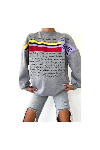 Femelle Yeni Sezon Selfie Baskılı Pamuklu Oversize Sweatshirt Gri