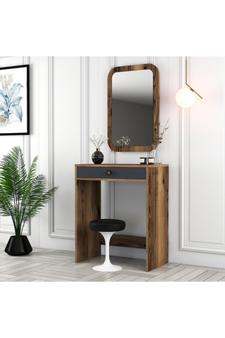 Lizbon Mini Makyaj Masası Aynalı - Ceviz / Antrasit