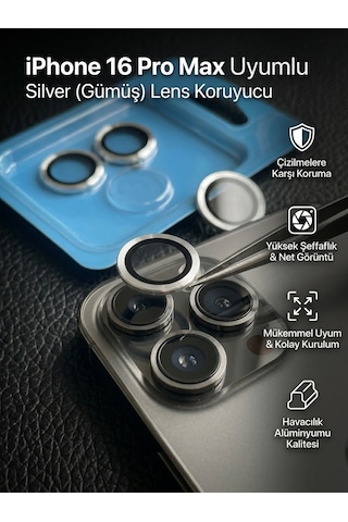 Apple iPhone 16 Pro Max Uyumlu Kamera Koruyucu Lens Silver Gümüş Telefon Kamera Koruyucu Lens
