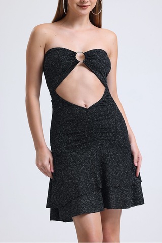 Siyah Önden Halkalı Bel Kısmı Açık Cift Kat Kloş Etekli Elbise Siyah