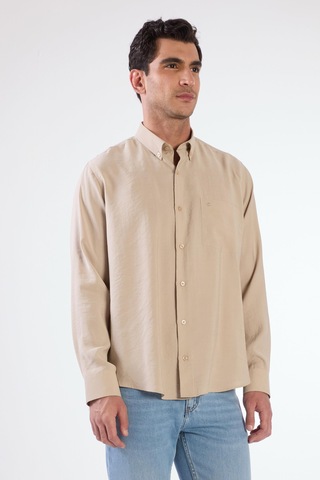 Bej Modal Düz Renk Regular Fit Erkek Gömlek Bej