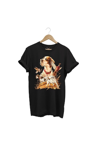 Avcılık Desenli Av Köpeği Ingiliz Pointer Setter Sülün Vahşi Yaşam Baskılı Regular Fit Siyah T-shirt Siyah