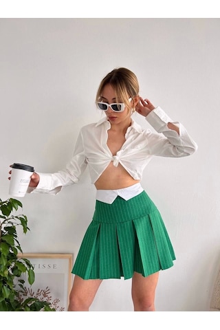 Çizgili Pileli Etek Yeşil